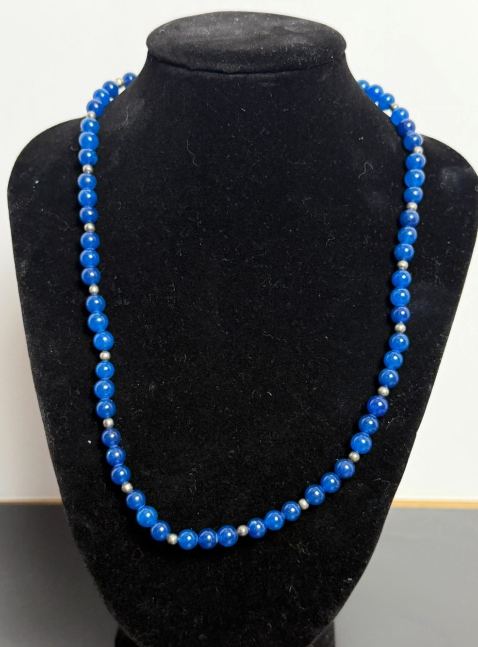 Vintage Blue Stone Bead Necklace Sterling Silver Clasp 18” Beaded Strand 925